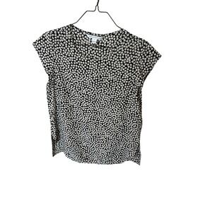 Diane von Furstenberg DVF Silk Cap Sleeve Blouse Black White Leaf Print Size 6